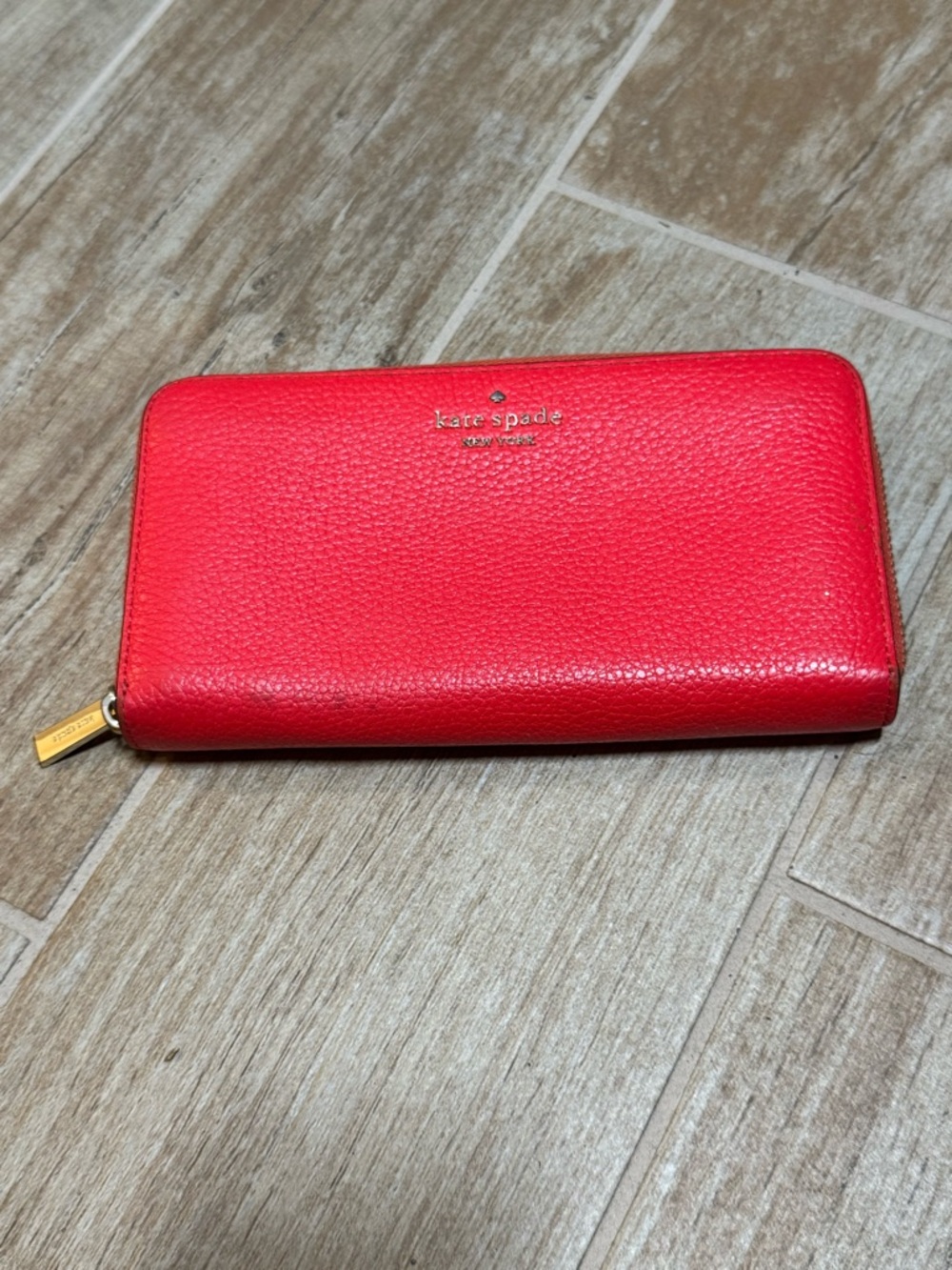kate spade Red Pebbled Leather Zip-Around Wallet with Gold Hardware